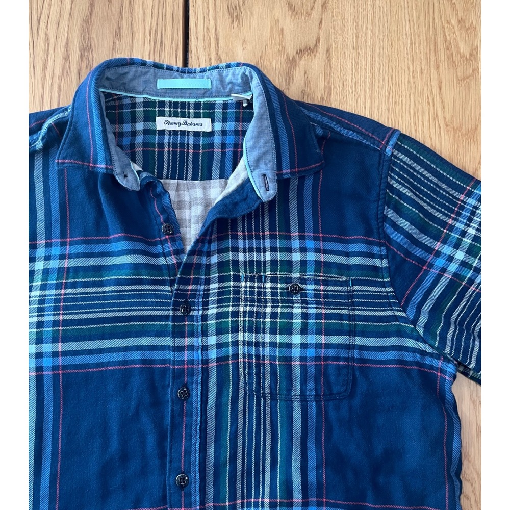 Tommy Bahama Plaid Flannel Shirt Mens Large Blue Green Coastal Casual